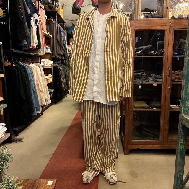 Poland Sleeping suit  Stripe L/S Yellow　ポーランド　スリーピングスーツ　イエロー　ロングスリーブ　ブルー　60年代　70年代　デッドストック　ミリタリー　パジャマ　セットアップ　シャツ　パンツ