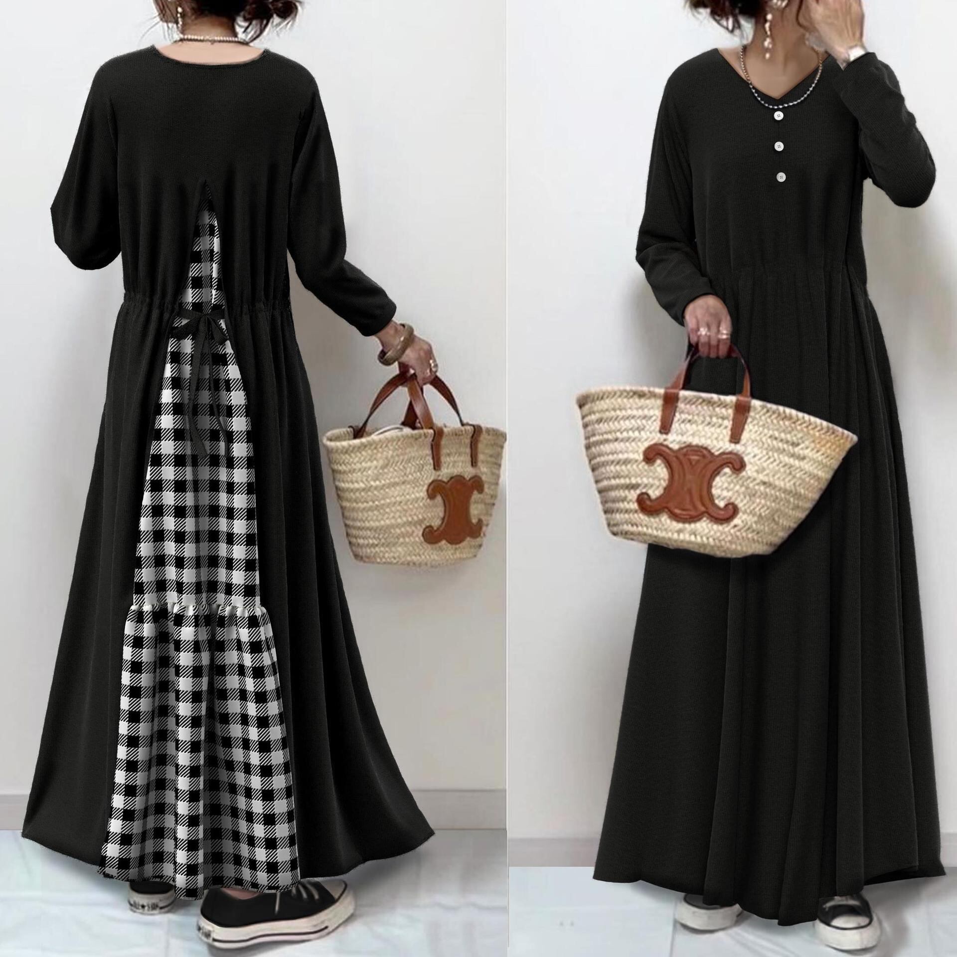 ワンピース レディース フレアワンピース ロングワンピース ロング丈 袖あり 長袖 Vネック Aライン 切り替え フレア バックリボン バックコンシャス ウエストゴム 無地 ギンガムチェック ボタン ブラック フリーサイズ ゆったり 春 秋 冬 20代 30代 40代 ママ マタニティ 体型カバー 楽ちん コーデ ファッション スタイル デート お出かけ 女子会 休日 送料無料 公園 おうち時間 大人可愛い カジュアル お洒落 おしゃれ ラフ シンプル かわいい 大人 リラックス ナチュラル ラフ