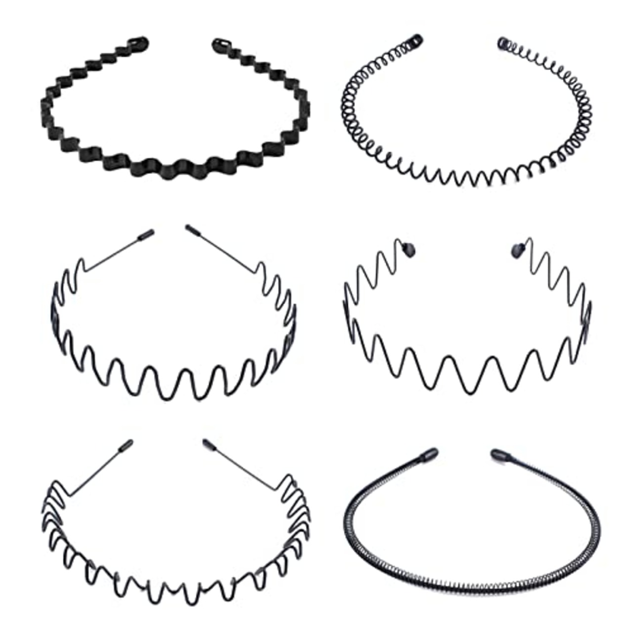 DFsucces カチューシャ 6本セット 防錆メッキ加工 メンズ おしゃれ ヘアバンド 波型髪飾り (ブラック, 6種類/6本セット)