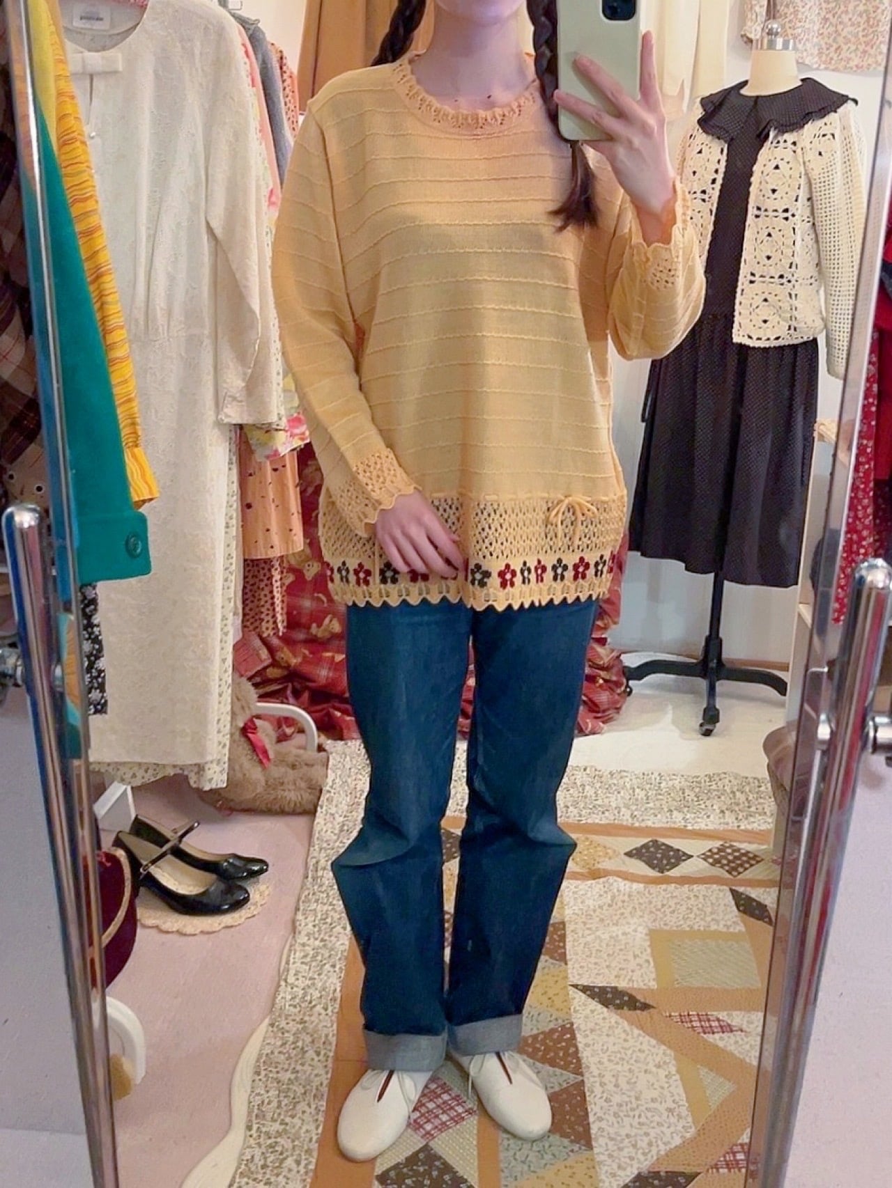 orange flower ribbon openwork knit sweater