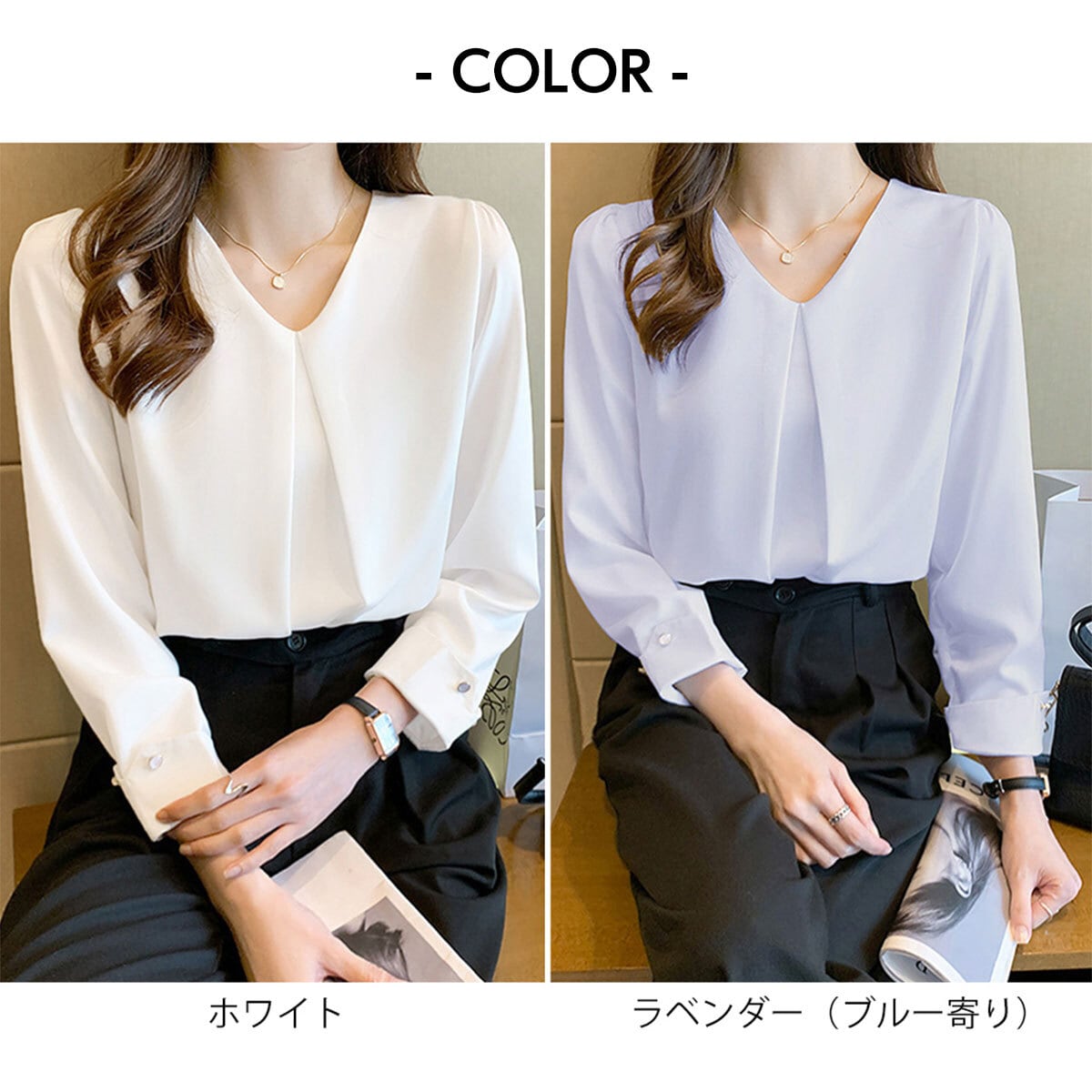 シフォン ブラウス Vネック レディース 春秋 タック きれいめ 大人 通勤 ビジネス オフィス OL 参観日 入学式 卒業式 入園式 卒園式 光沢 体型カバー シンプル 大人可愛い 大人女子