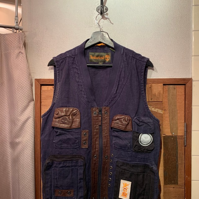 Timberland” 2006 spring 「火の鳥」 indigo linen×leather design zip-up vest |  LAUGH