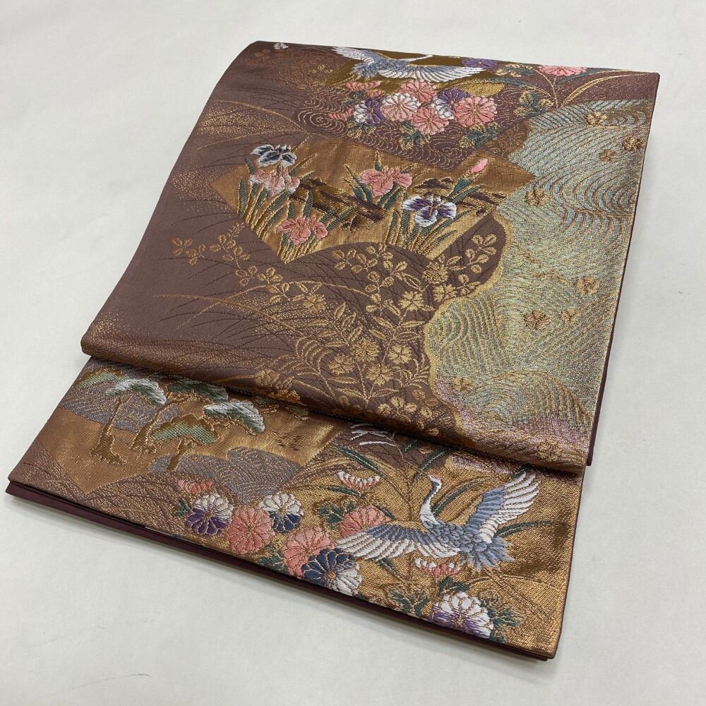 中古 礼装袋帯 正絹 連続模様 六通柄 ブラウン Bランク 412cm 6030
