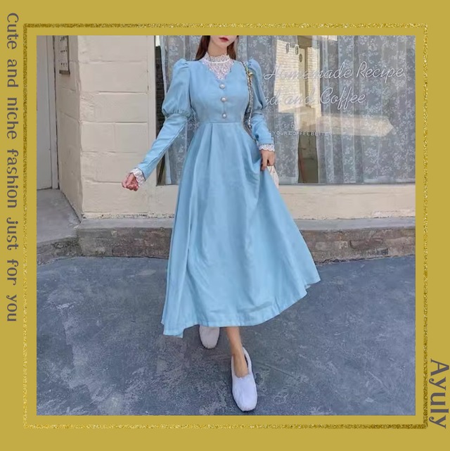 レースパールボタンパフェスリーブワンピース　25299