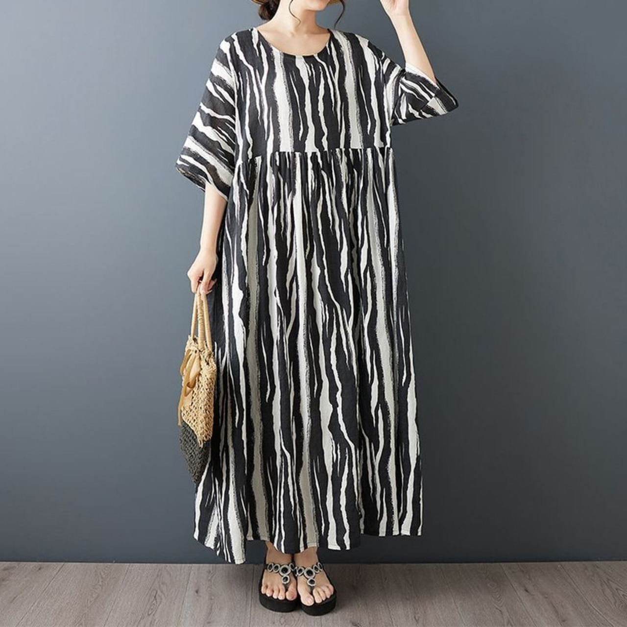 モノトーン 柄切替 ワンピース 30216