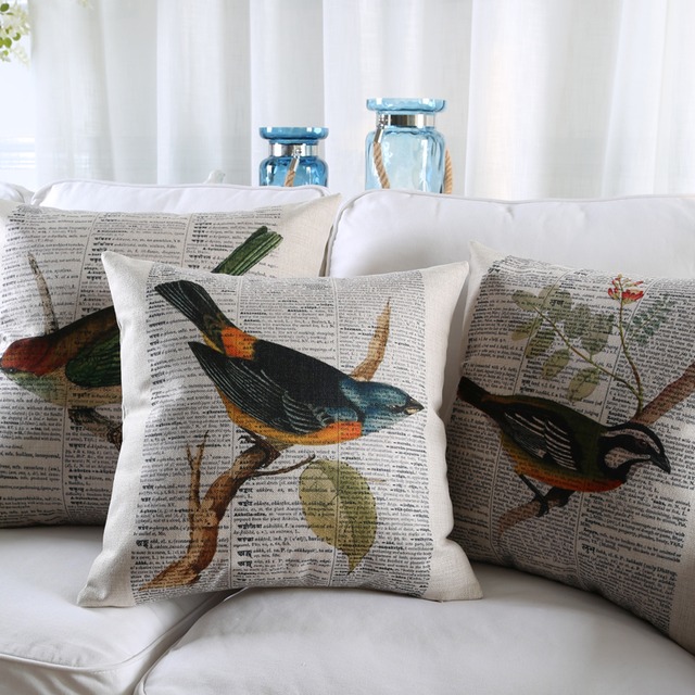 レトロスタイル鳥花ツリークッションカバー辞書単語枕ケース高品質枕カバー寝室の装飾キッズギフト