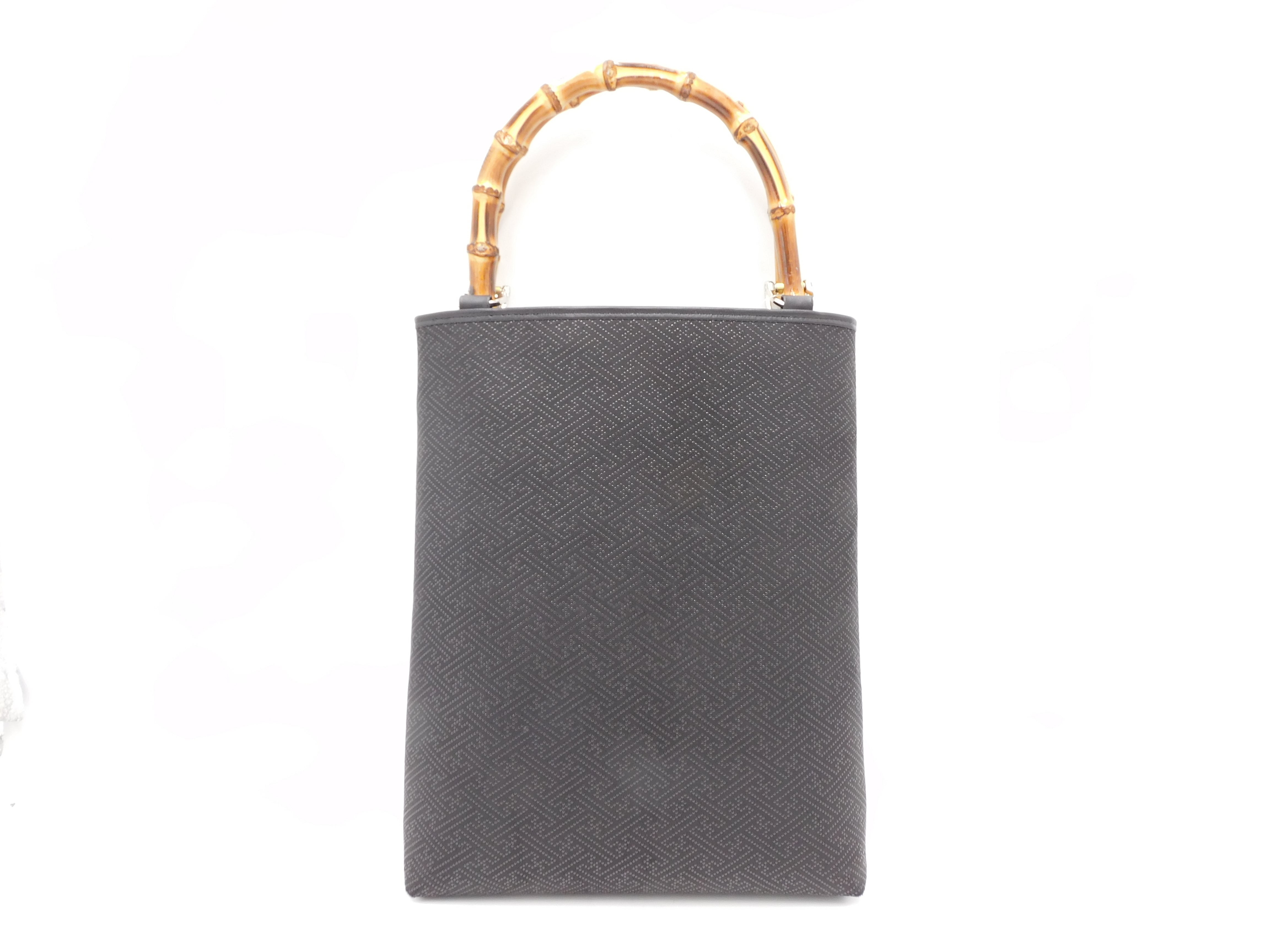 バンブー手提げ(大)黒/黒 紗綾型柄