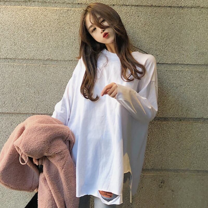 スタイルルーズTシャツ オータムウィンターラウンドネック ロング レッド 秋物 冬物 Oネック YY-ファッション32947282983