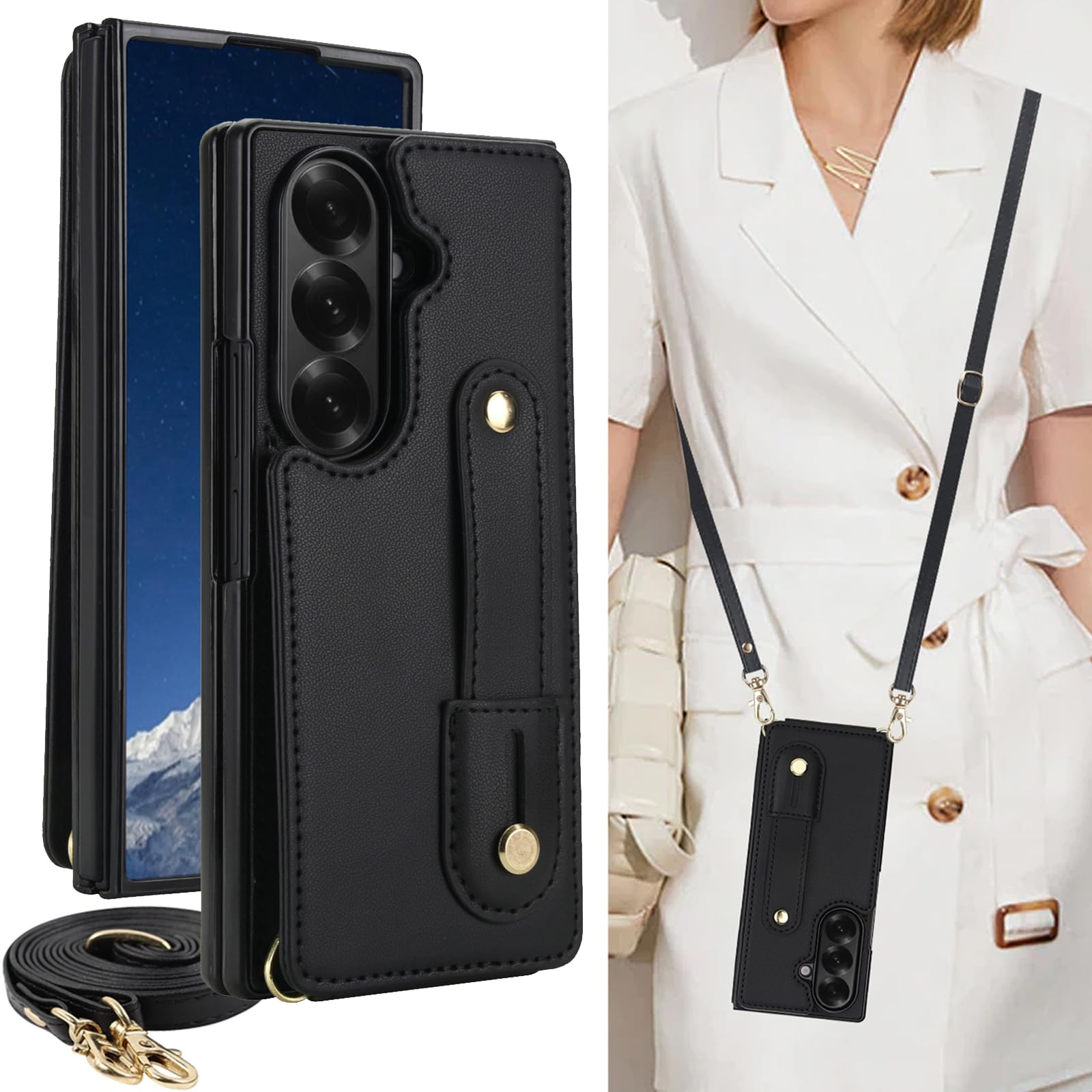 【WenziLior】 Galaxy Z Fold7 用 ショルダーケース 斜めがけ 収納式リストバンド ショルダーストラップ ギャラクシー Z フォールド7 スマホケース 適用 Galaxy ZFold7 SC-56F SCG34 SM-F966Z 携帯カバー case カードスロット内蔵 ハードバンパーケース 肩掛け 首掛け 斜め掛け カード入れ カード収納 ストラップ付き おしゃれ ブラック