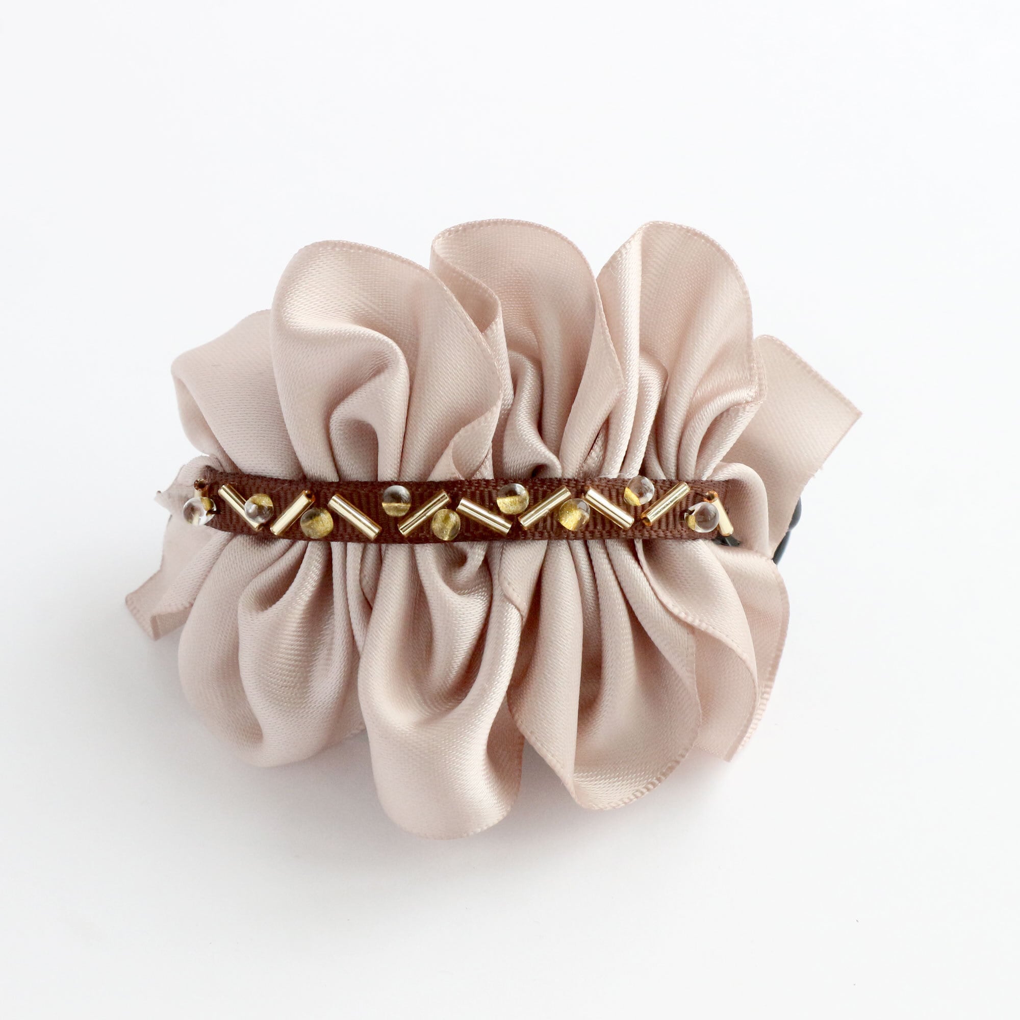 大人可愛いアーチ型バンスクリップ リボン×ビーズ×くすみベージュで上品なまとめ髪にぴったり プレゼント 秋 冬