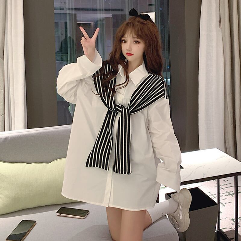 スプリングルーズ薄手ストライプシャツ ロング 春物 ステッチ 試着室84542423086