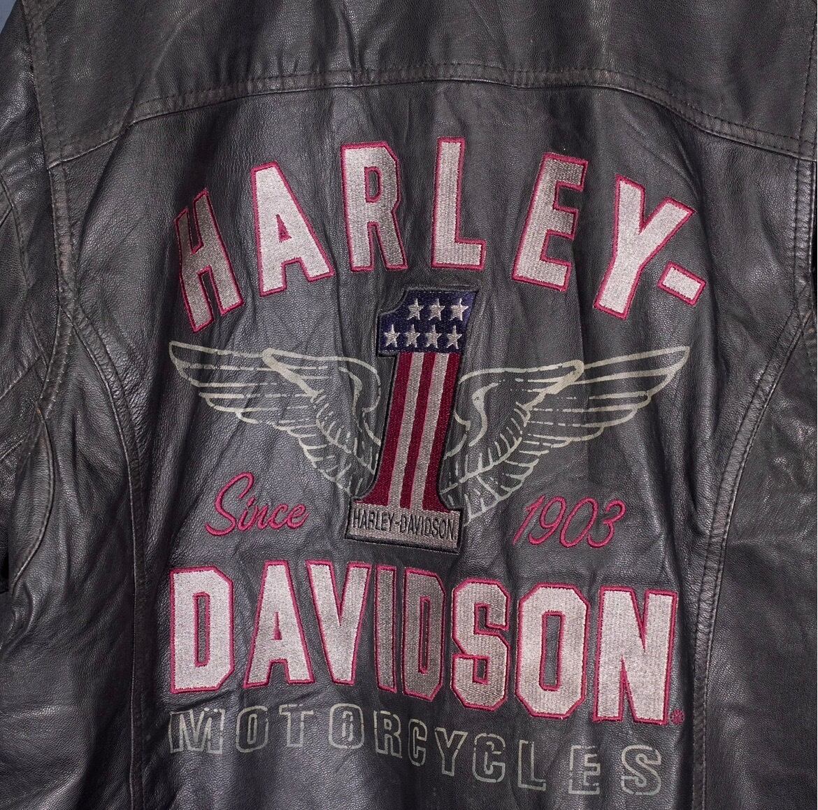 USA VINTAGE HARLEY DAVIDSON LOGO EMBROIDERY DESIGN ZIP UP LEATHER
