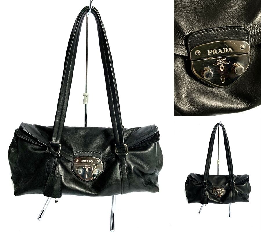 未使用 極美品 PRADA プラダ プレート ラムレザー ハンドバッグ ショルダー バッグ 2way 黒 ブラック