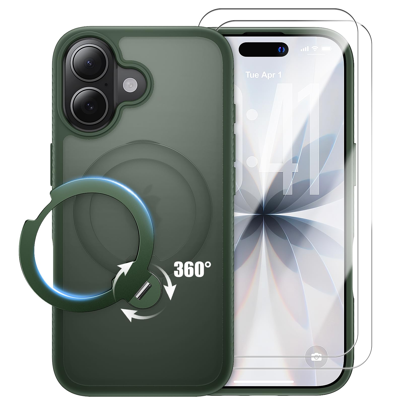 Bruzaio iPhone 17 用 ケース 定点360°回転スタンド 横縦両立・角度自由調整 Magsafe対応 米軍規格 グリーン