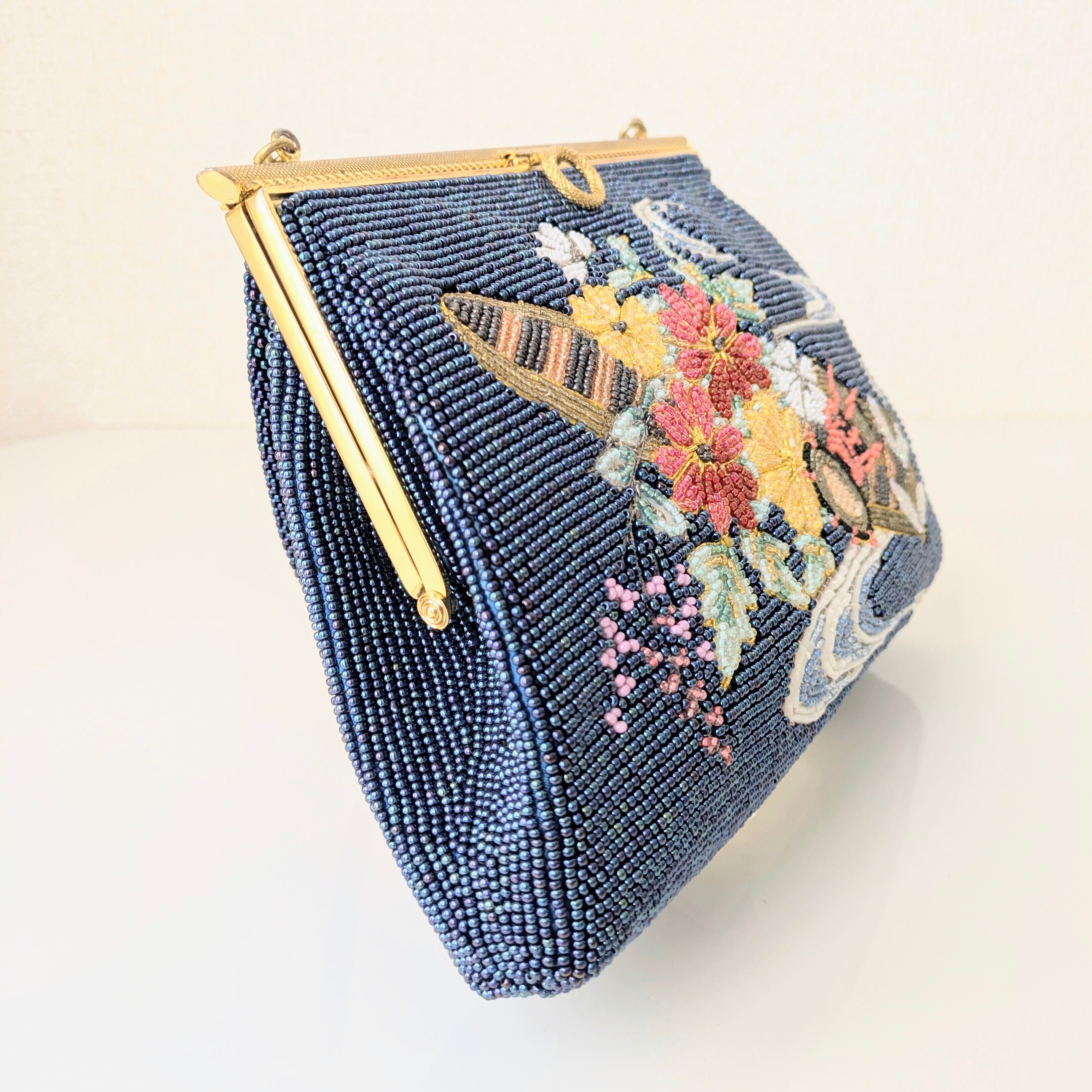 Vintage】ビーズ刺繍バッグ 紺色 金 花筏 パーティーバッグ 昭和レトロ