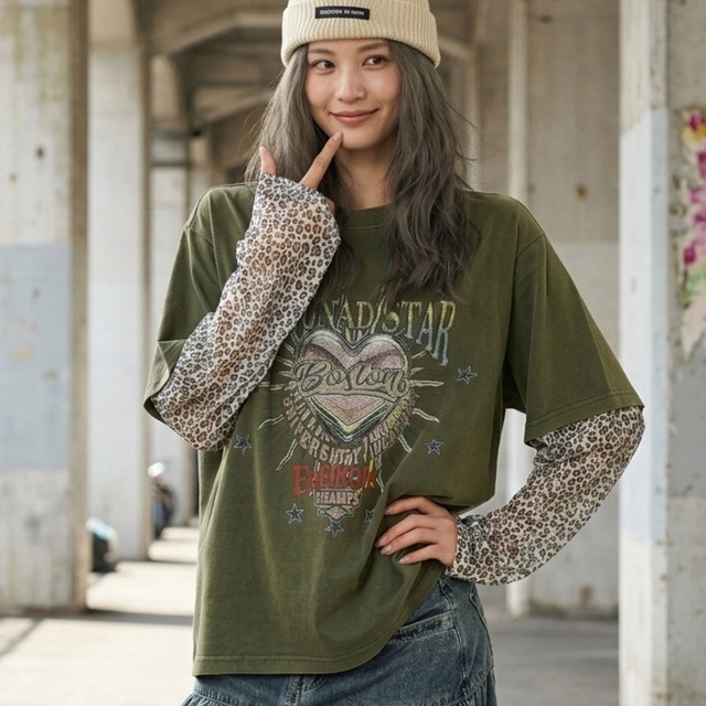 ハートモチーフレオパードレイヤードライクTシャツ 2col   R02583