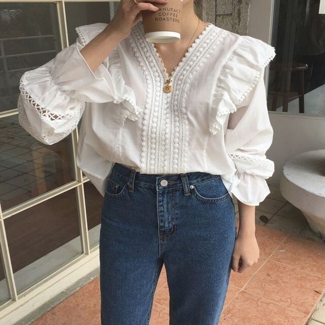 【予約販売】ベルスリーブレース フリル ブラウス レディース トップス ホワイト 白 長袖 レース パフスリーブ