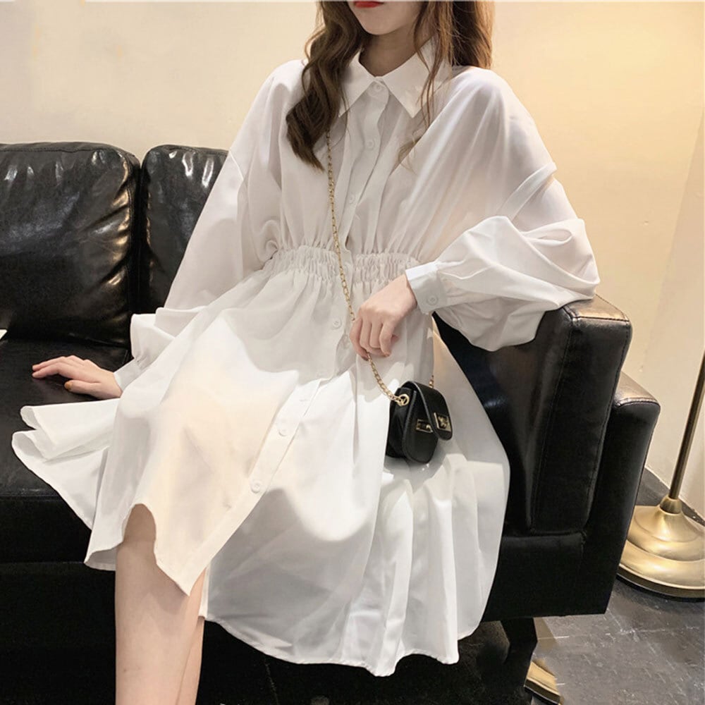 ワンピース 長袖 レディース 春夏秋 韓国 シャツワンピース きれいめ 大人 かわいい フェミニン シンプル ボリュームスリーブ おしゃれ 大人可愛い 大人女子