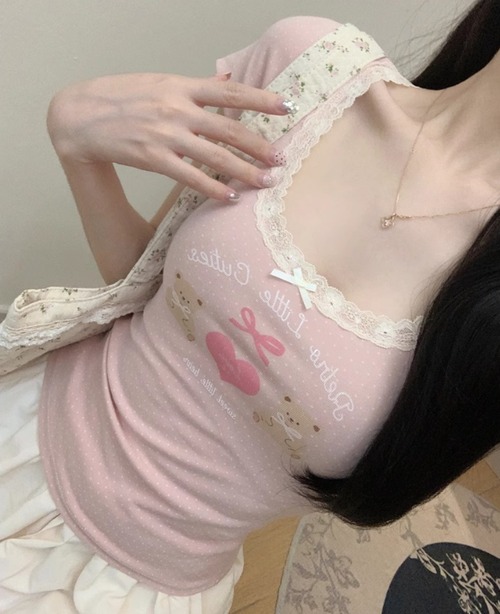3色/レースネックドットプリントTシャツ ・78621