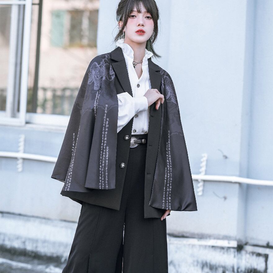 中華ゴシック 羽織り 古怪舍 レトロ 漢字プリント アラサー 30代 秋コーデ