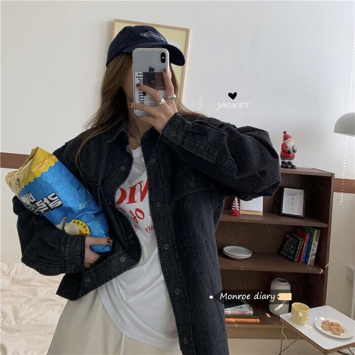 ブラックグレーシャツ ジャケット スプリングスタンダードトップス ロング レトロ 春物 モンロー69588086061