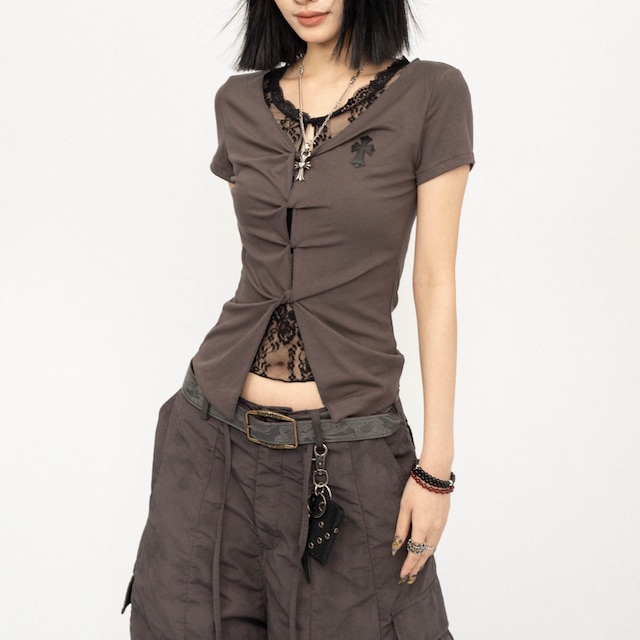 lace short sleeve button front cut and sew la2880