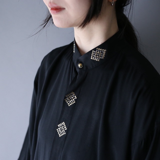 kirakira decoration design fry-front band-collar mode shirt
