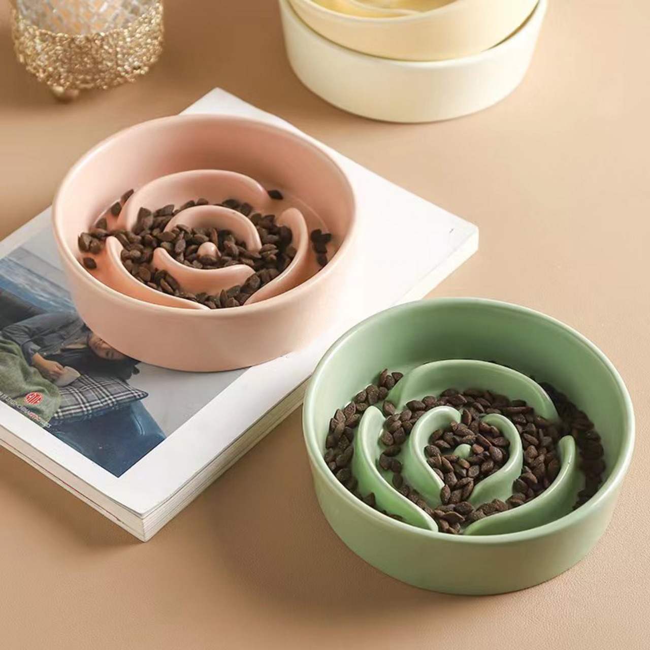 【GOODS】4色展開マカロン色大容量転倒を防止するボウル&スタンド