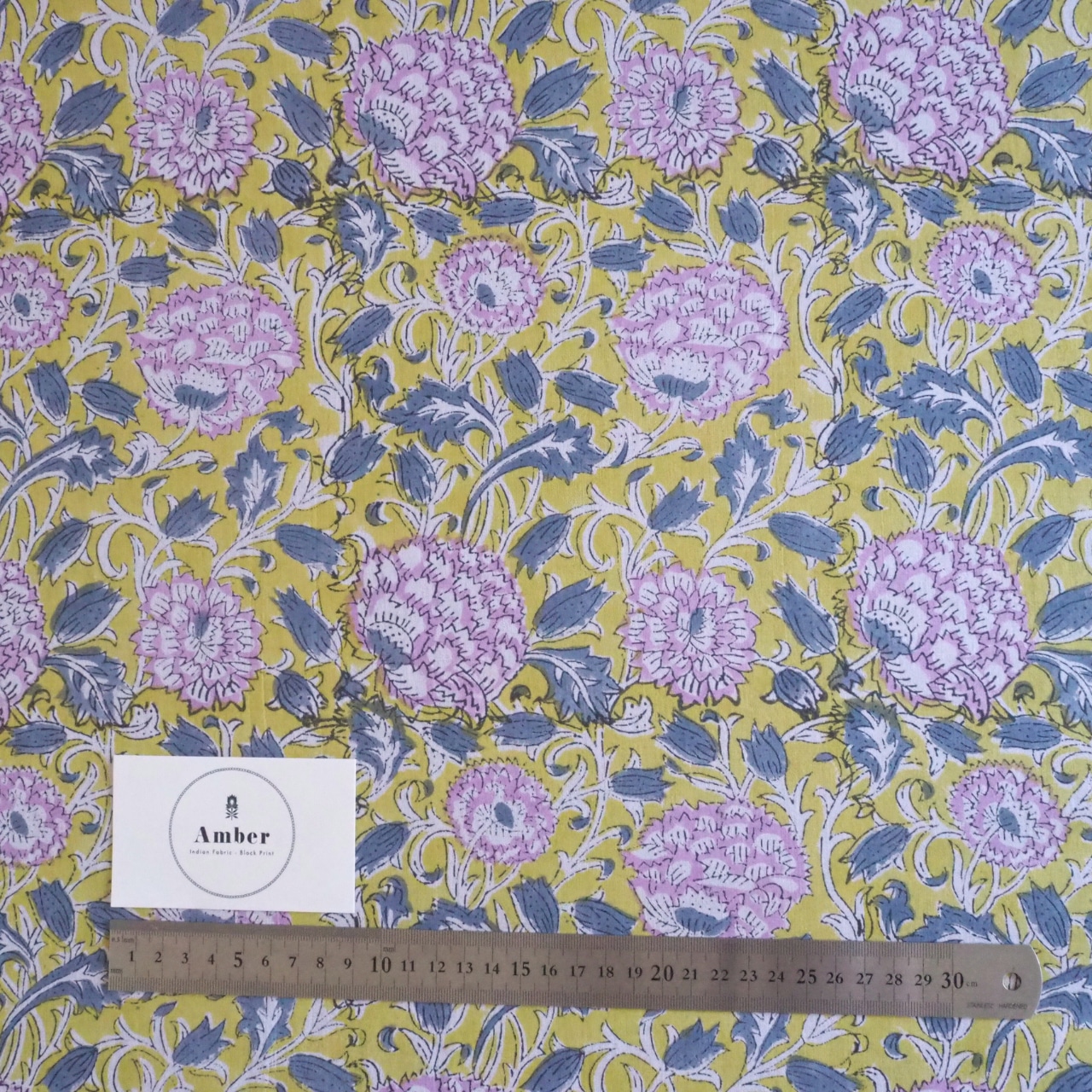 ブロックプリント生地【50cm単位】インド綿 花柄A 黄色×ピンク×グレー #52917-YL1