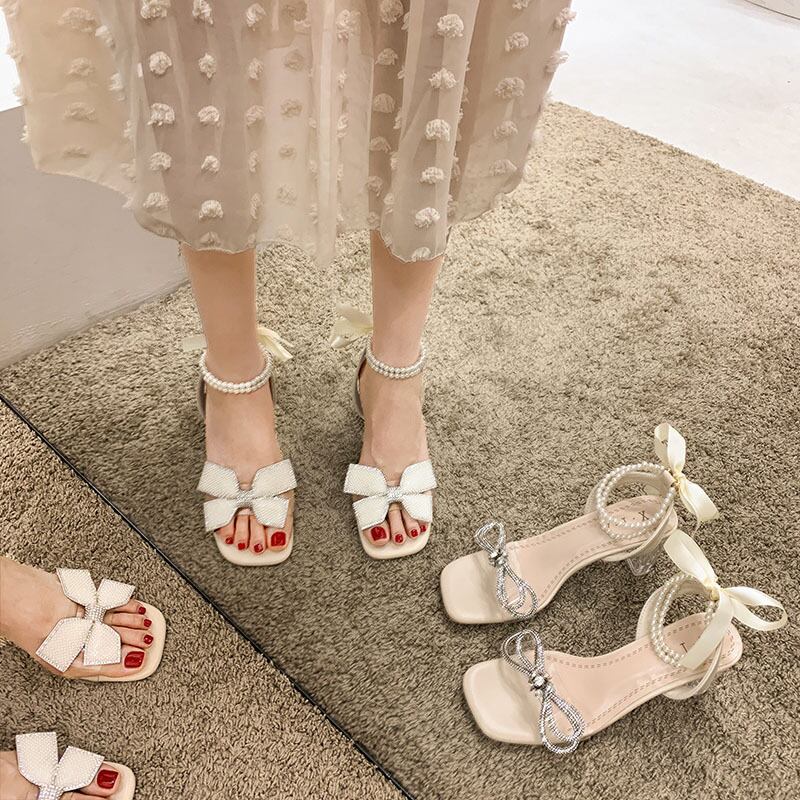 サンダルサマーパールラインストーンスタイルクリスタルヒール ハイヒール 靴 シューズ 夏物 真珠 フェイクシューズ17497608932