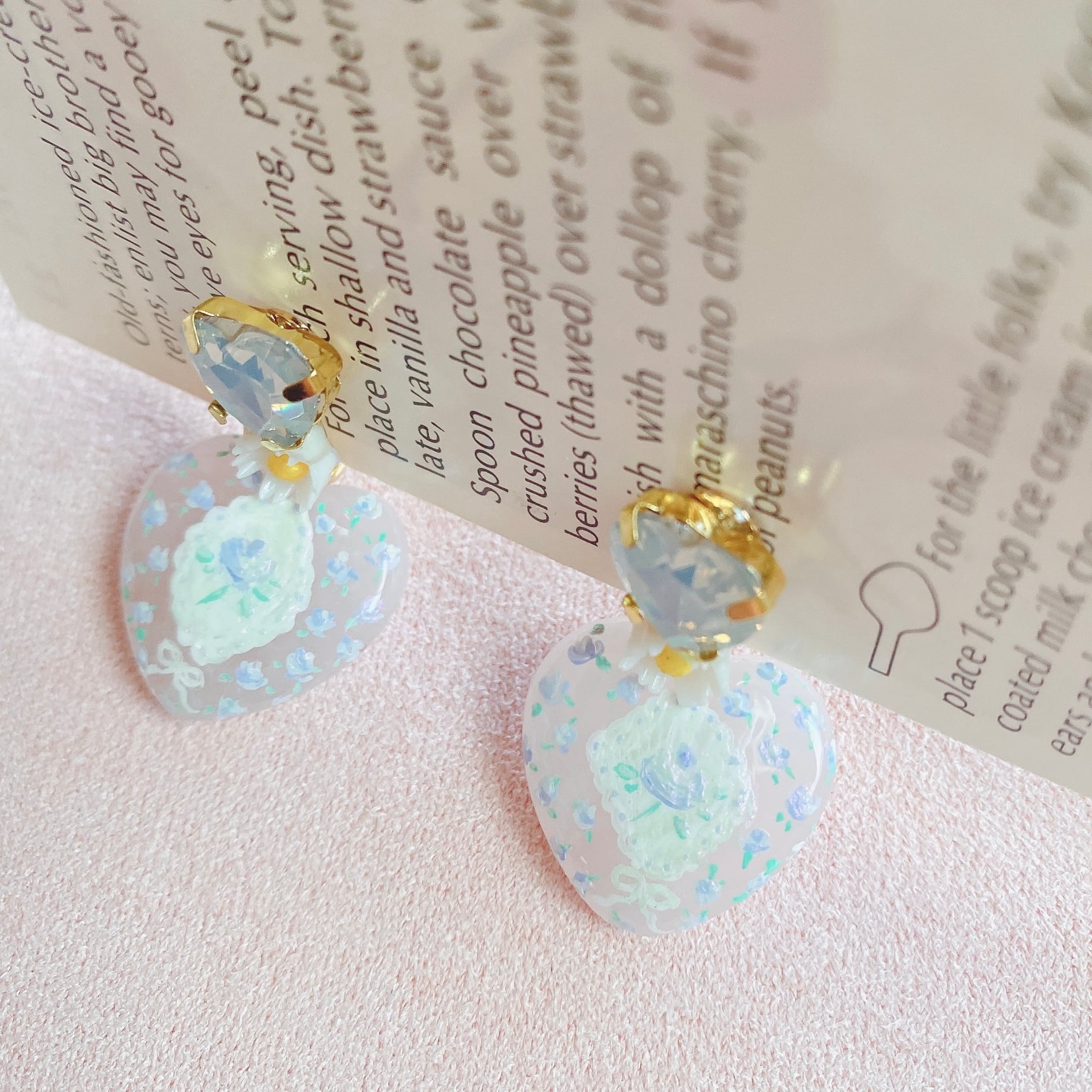 レディハンカチ耳飾りhandkerchief floral hand painted earrings（Blueイヤリング）