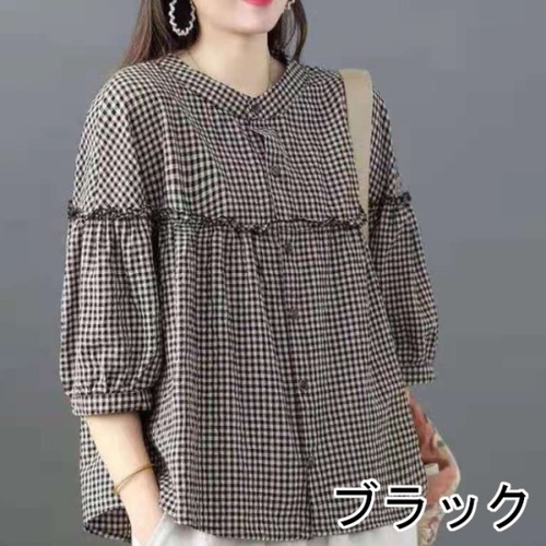 シャツ ブラウス レディース プルオーバー 大きいサイズ チェック柄 ギンガムチェック ルーズ コットン リネン 長袖 Vネック ブラック ブラウン レッド エレガント 大人可愛い カジュアル