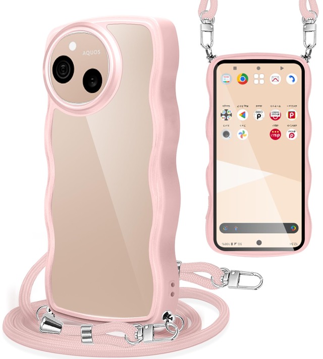 AQUOS sense9 / sense10 ケース ショルダー SH-53E | SHG14 | SH-M29 | SH-53F スマホケース 耐衝撃 クリア 波型 かわいい アクオスセンス9 / 10 カバー 肩掛け 斜めかけ 紐付き 織りストラップ付き 長さ調整可能 取り外し可能 (ピンク)