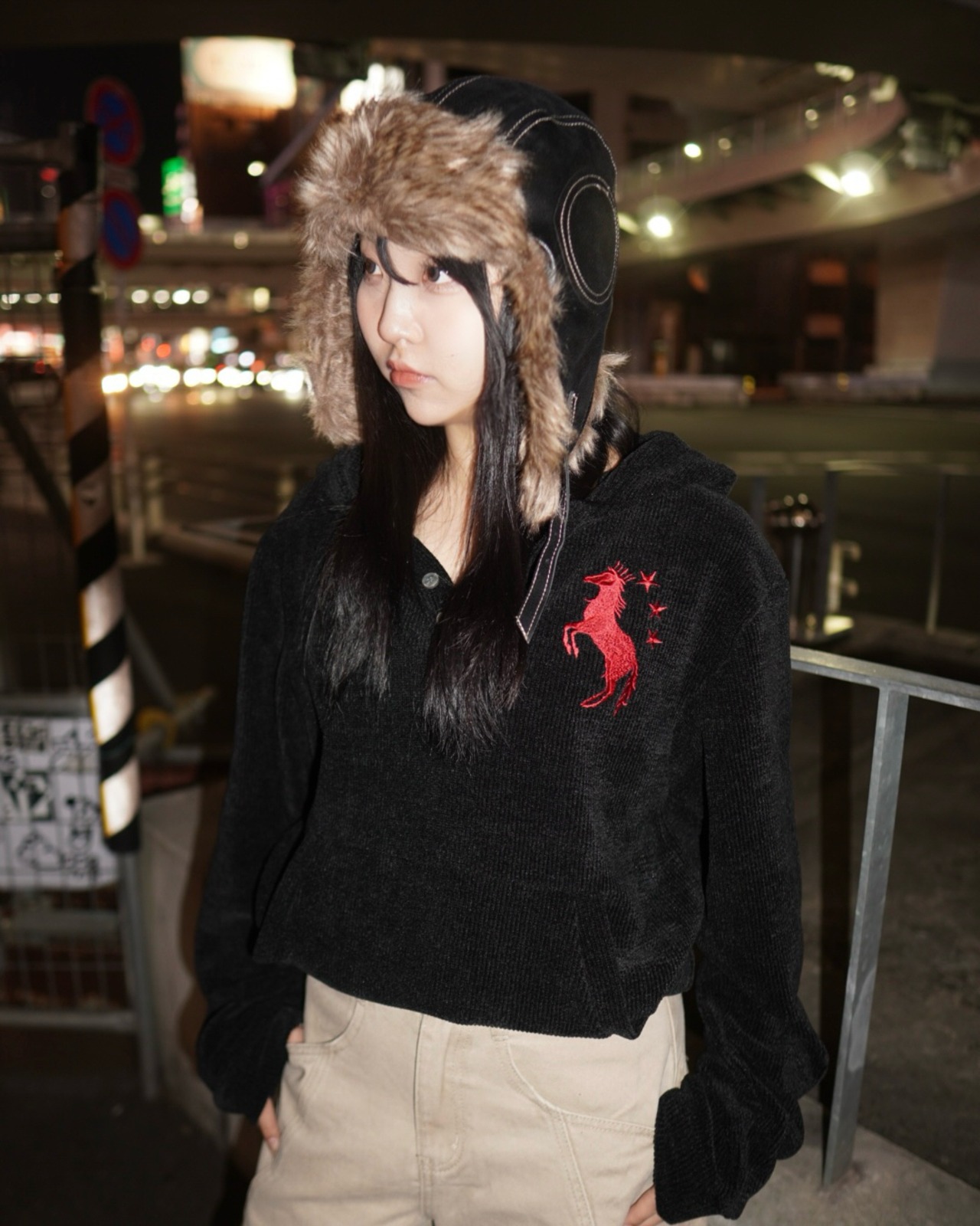 2way leather×fur flight cap／Black【ユニセックス】