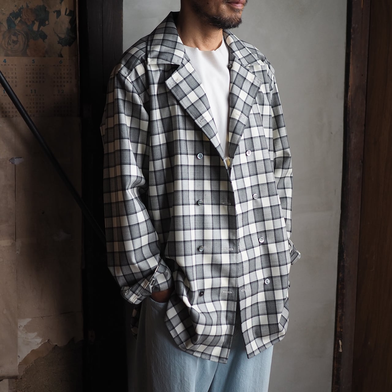 山内 25241-wo / グレンチェック・ダブルオープンカラーシャツ