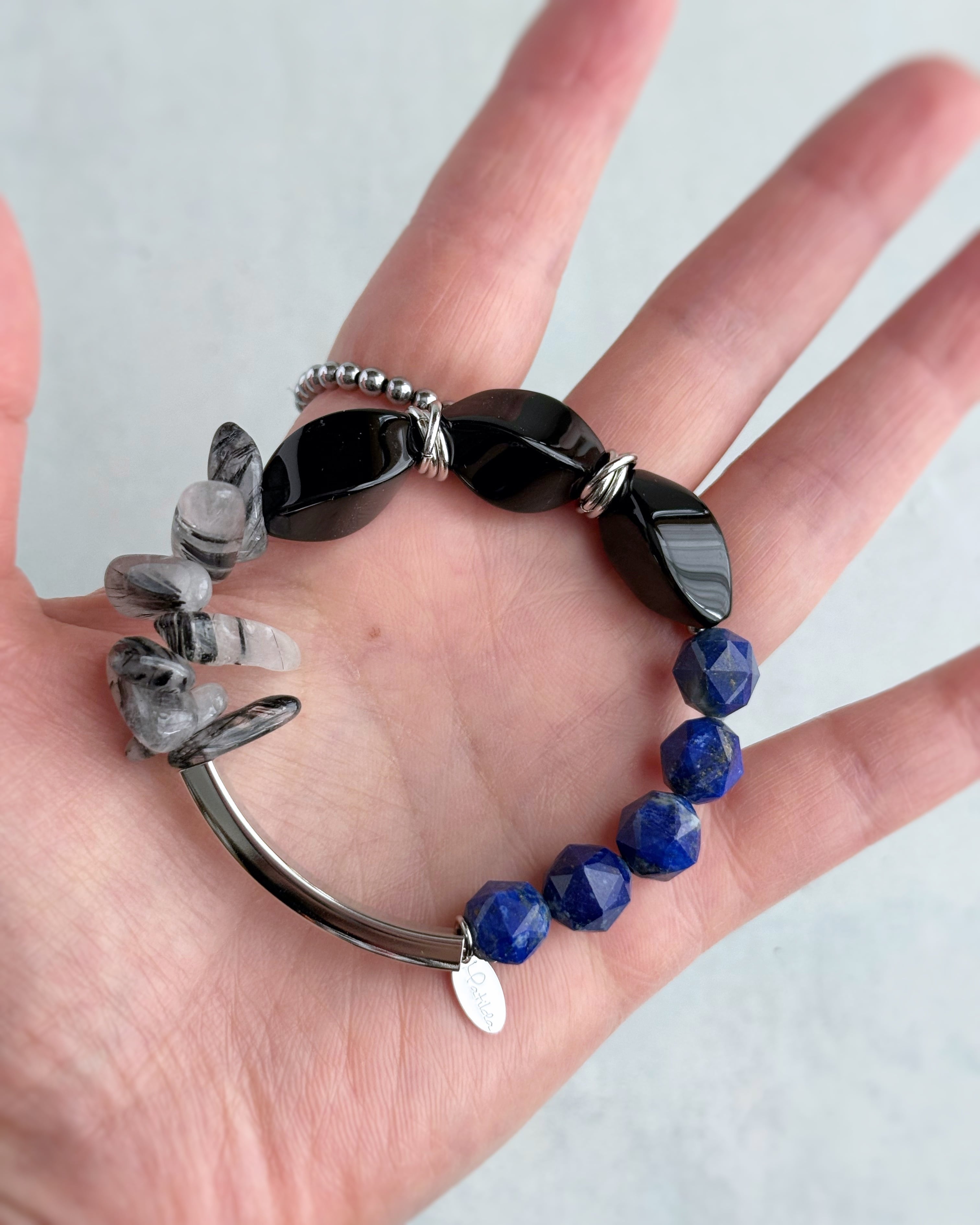 Tube & stone bracelet(オニキス×ラピスラズリ×ブラックルチルクォーツ)