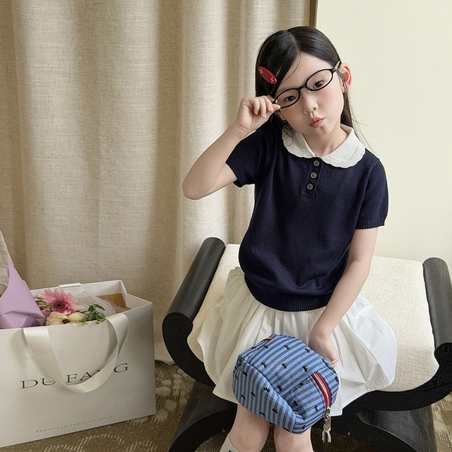 【KID】バイカラー襟付き半袖サマーニットトップス - 7