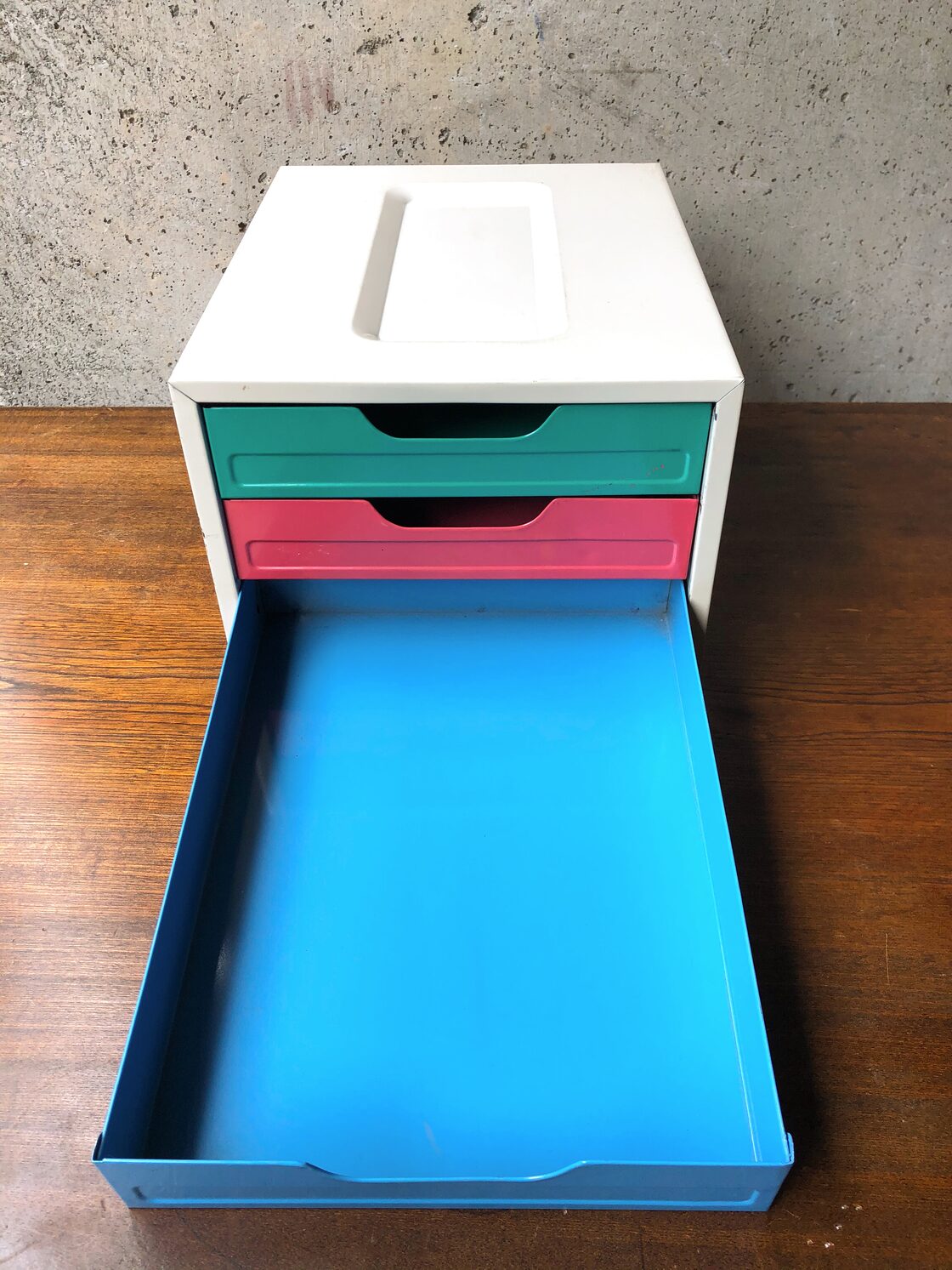 昭和レトロ カラフルな3段スチールレターケース 小引き出し 書類棚 