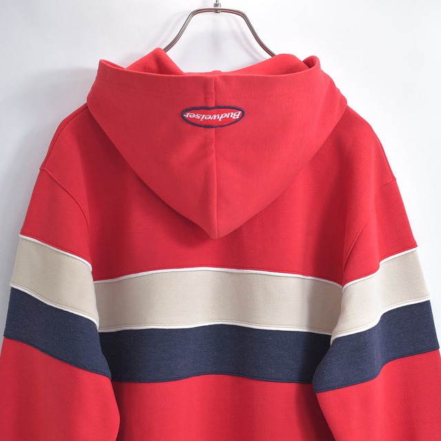 90s Budweiser バドワイザー パッチロゴ刺繍 デザイン フルジップ スウェット パーカー レッド アドバタイジング 販促用 ジャパンヴィンテージ ビンテージ 古着 メンズMサイズ