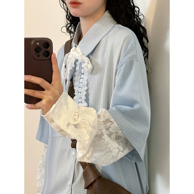 【UATONLINEシリーズ】★シャツ★ 2color レトロトップス 長袖 フェイクレイヤード 縦縞 縞模様 ユニセックス ベージュ ブルー