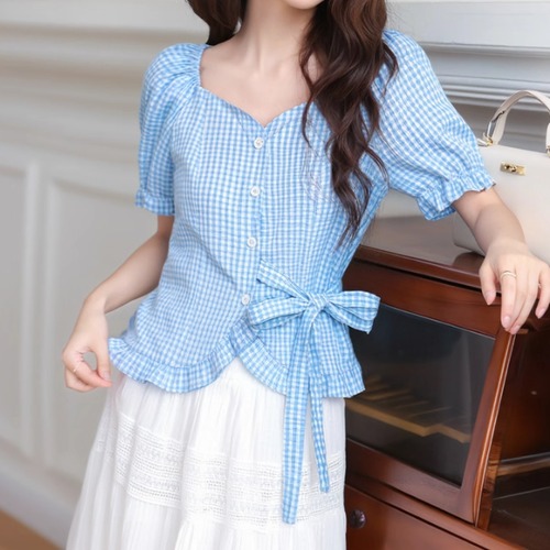 チェック柄リボンフリルヘムブラウス ・70167
