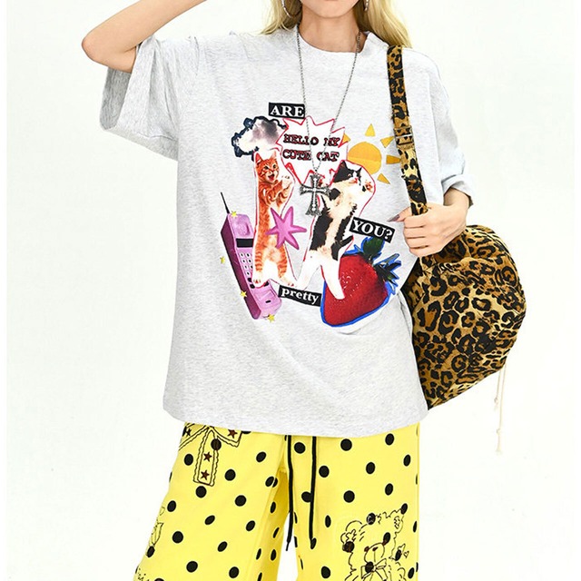 ファンシーアニマルコラージュグラフィックルーズTシャツ 2col   R01900