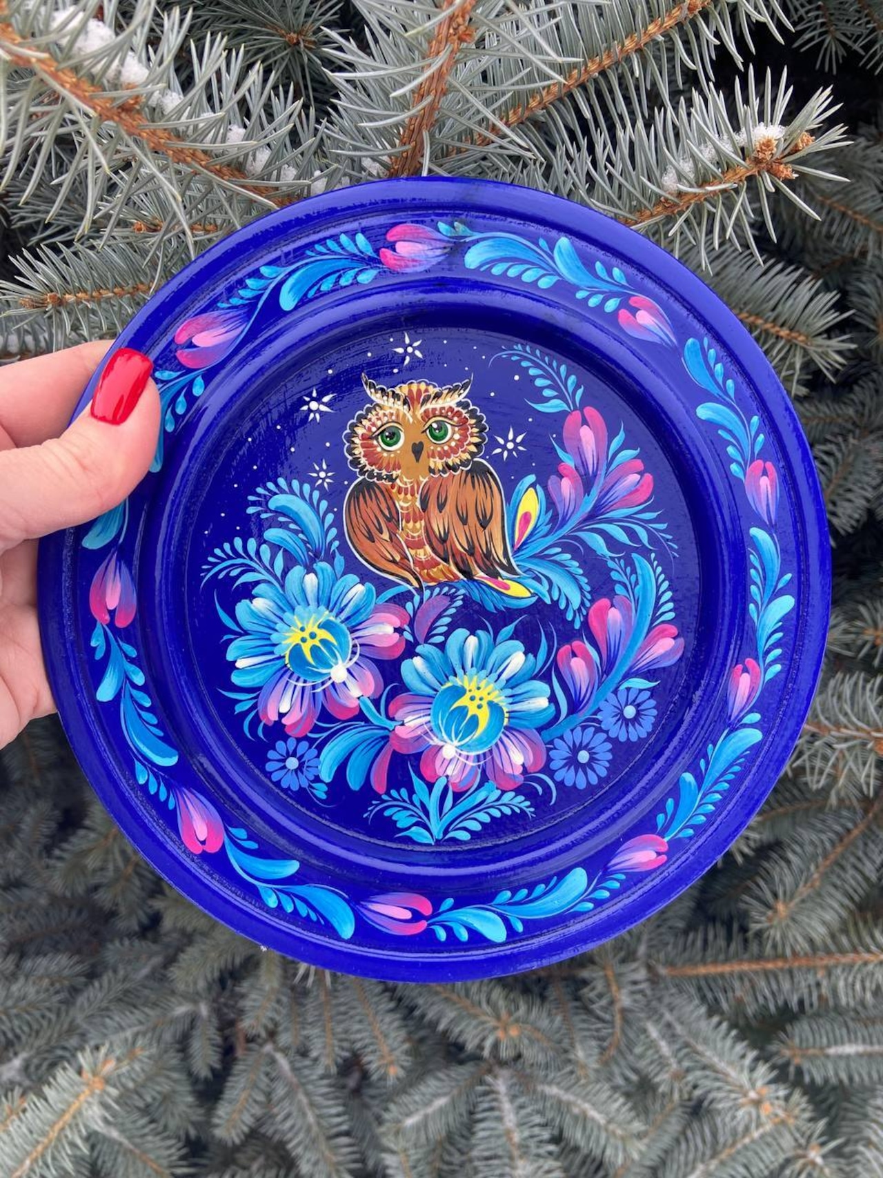 ペトリキウカ塗りのプレート 梟（ティモシェンコ作）20cm - 7