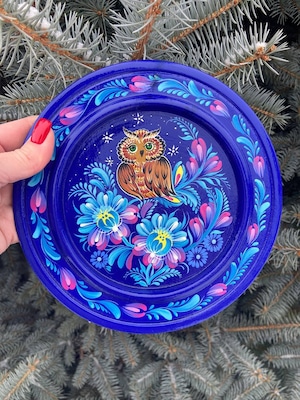 ペトリキウカ塗りのプレート 梟（ティモシェンコ作）20cm