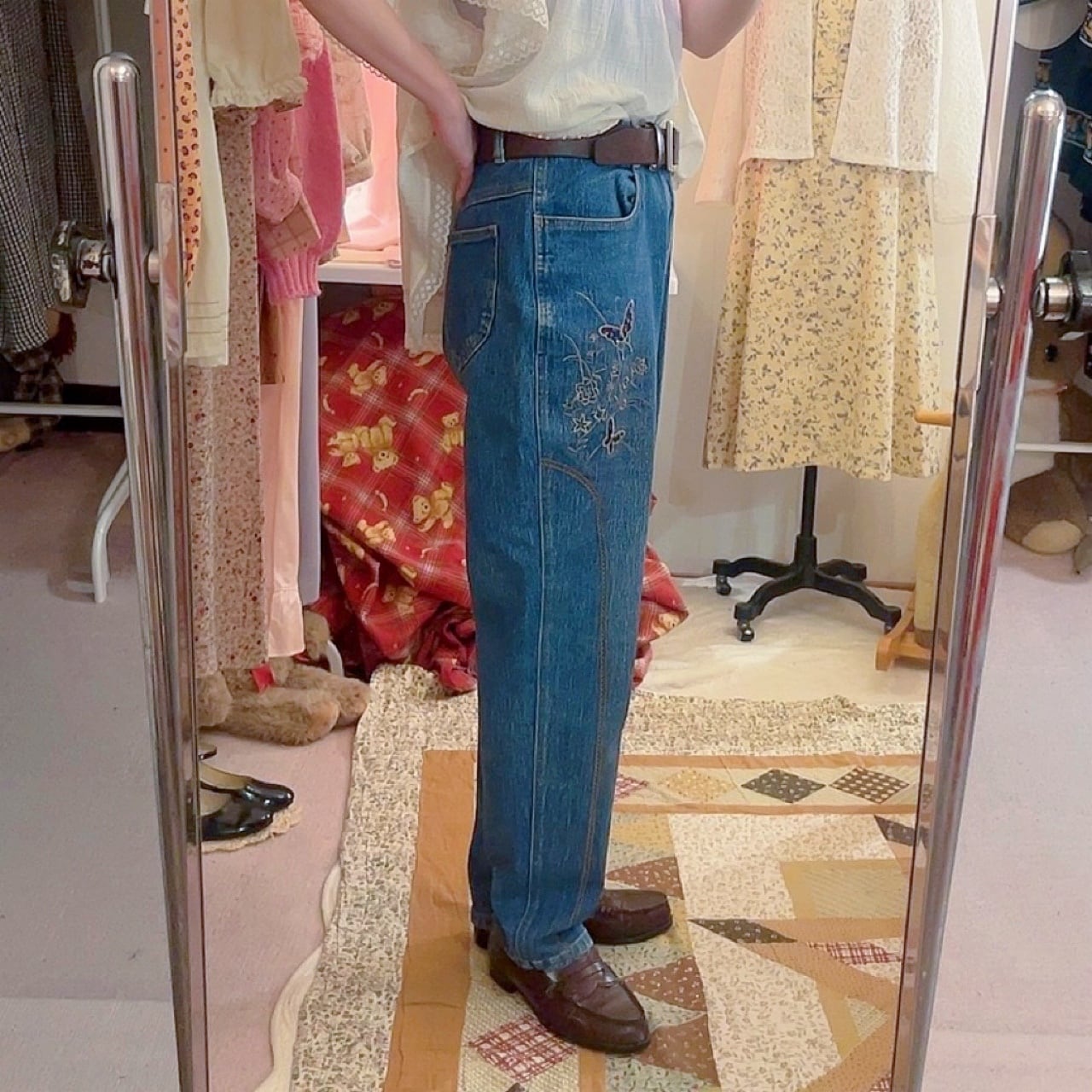 butterfly embroidery denim pants
