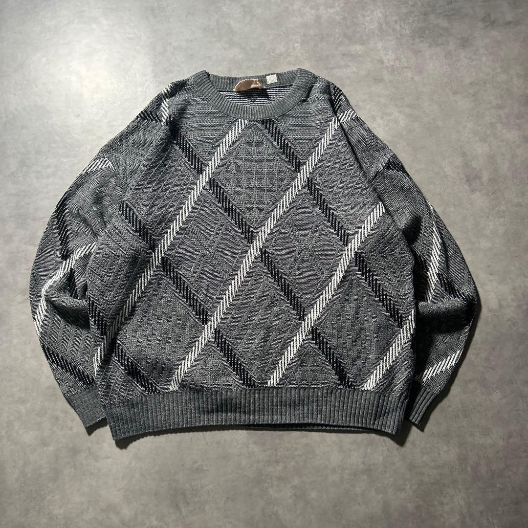 カナダ製 ヴィンテージ アーガイル チェック モノトーン ニット セーター