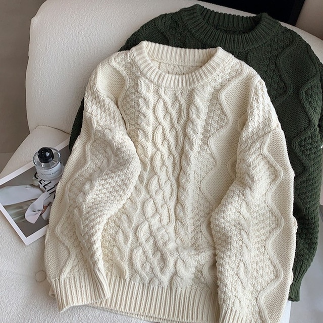 クルーネックケーブルニットプルオーバー 2color [am03574]