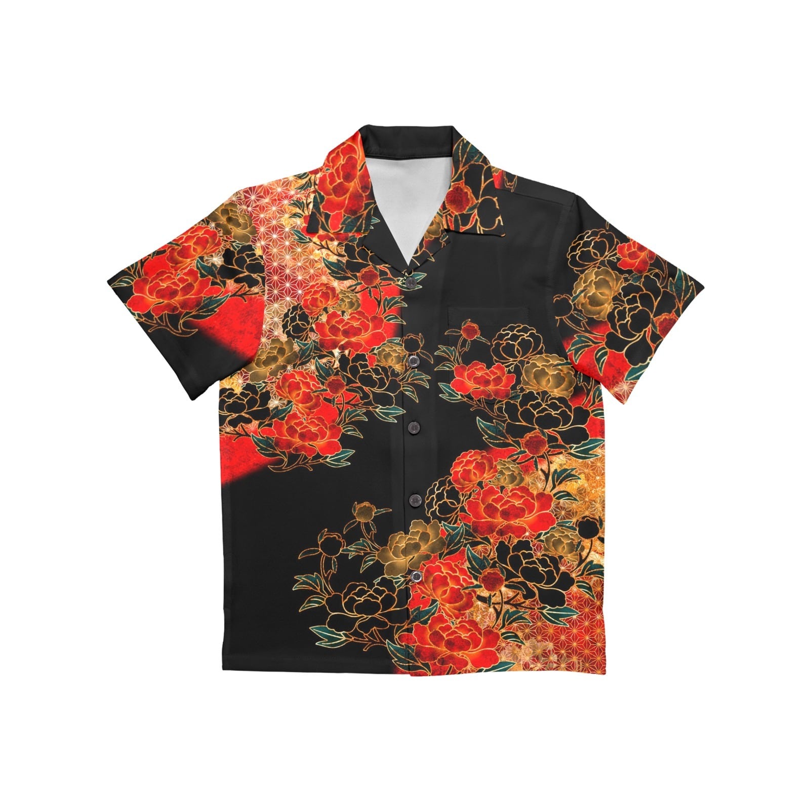 和紋様装飾　牡丹　黒　キッズアロハシャツ