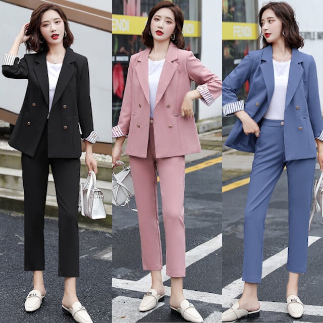 全3色 2点セット レディース スーツ 金Wボタン 折返し袖 テーラード襟ジャケット&パンツ セットアップ 長袖 ストライプ ブラック/ブルー/ピンク S/M/L/XL