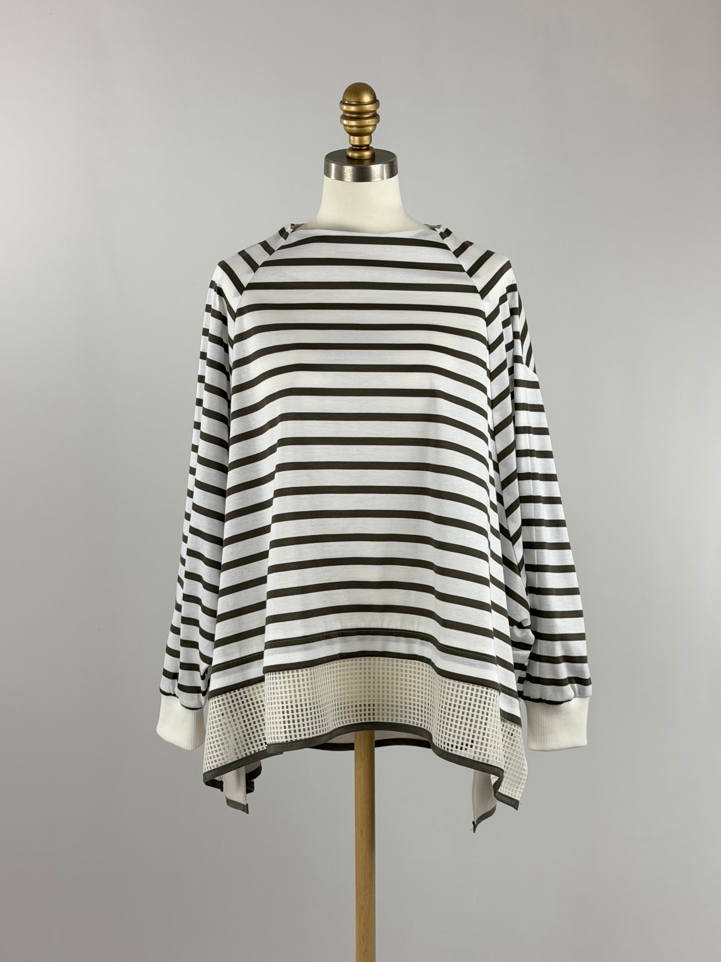 メッシュヘムボーダーフレアプルオーバー|オフ×カーキ|Lallia Mu